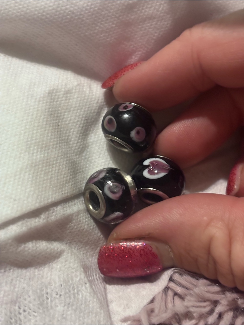 3 Handmade Black and Pink Glass Heart & Dot Beads for Jewelry